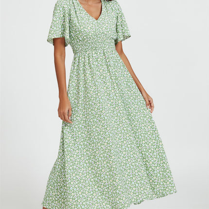 Multi Floral Print V Neck Midi Dress In Green