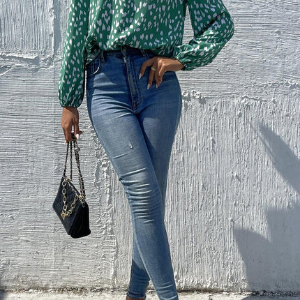 Animal Print Frill Detail High Neck Top In Green