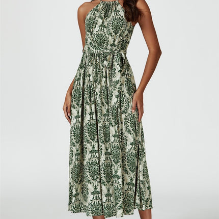 Green & Beige Floral Print Tie Halterneck Maxi Dress