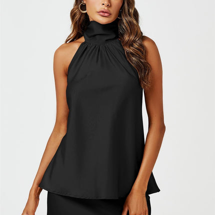 Satin Halter Neck Tie Back Top In Black