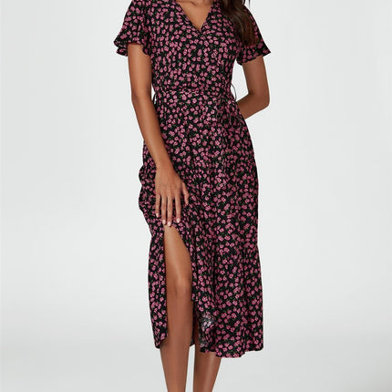 Pink Floral Print Wrap Midi Dress In Black