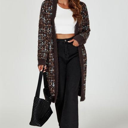 Boucle Check Cardigan In Brown With Multicolour Speckles