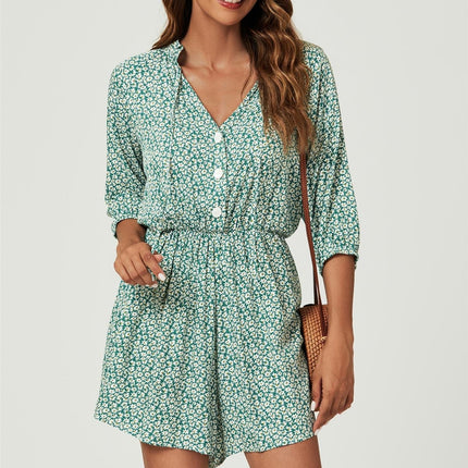 Daisy Floral Print Boho Playsuit With Buttons In Green