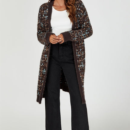 Boucle Check Cardigan In Brown With Multicolour Speckles