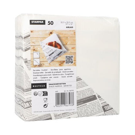 Starpak 50 Snackservietten, stoffähnlich, Airlaid 1/4-Falz 32,5 cm x 30,5 cm weiss "Newsprint" | Folienbeutel (50 Stück)