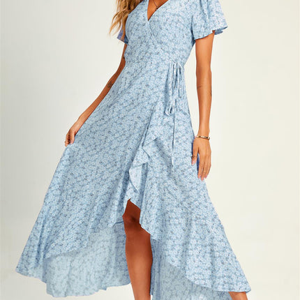 Summer Floral Print Hem Wrap Midi Dress In Blue