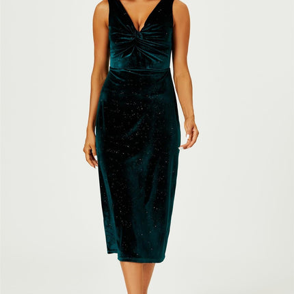 Silver Sparkly Velvet Knot Front Midi Dress In Green