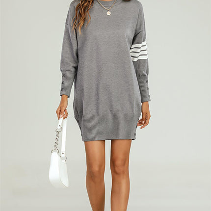 Knitted Tunic Jumper Dress With White Stripe In Grey