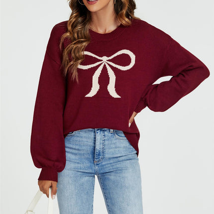 Bow Pattern Jumper Top In Wine