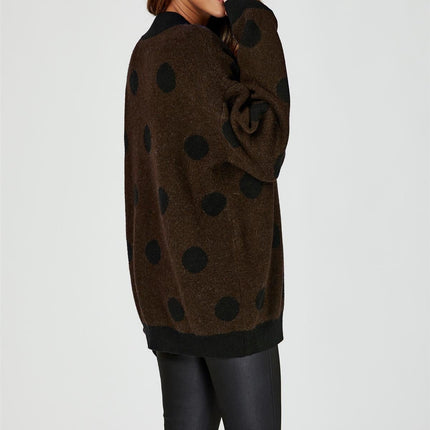 Wool Blended V Neck Jumper In Brown& Black Polka Dot