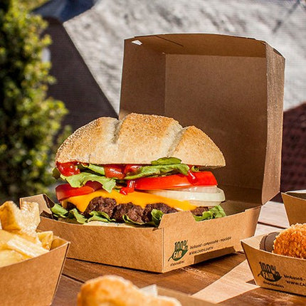 PAPSTAR Burgerboxen, Pappe braun, 9x18,5x18,5 cm, "100% Fair" | Folie (25 Stück)