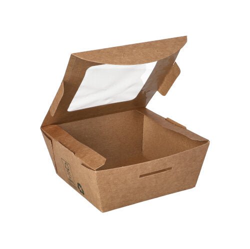 PAPSTAR 40 Feinkostboxen, Pappe mit Sichtfenster aus PLA "pure" eckig braun "100% Fair"