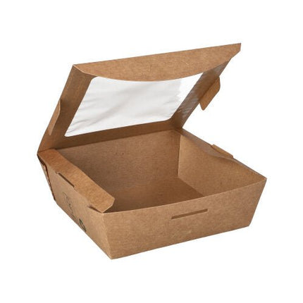PAPSTAR Feinkostboxen eckig, braun mit Sichtfenster, 650 ml, "100% Fair" | Folie (40 Stück)