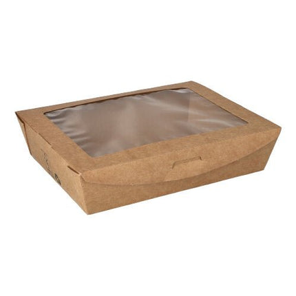 PAPSTAR 40 Feinkostboxen, Pappe mit Sichtfenster aus PLA "pure" eckig braun "100% Fair"