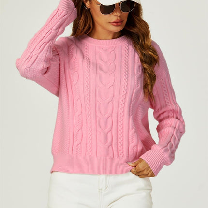 Cable Knit Crew Neck Jumper In Pink