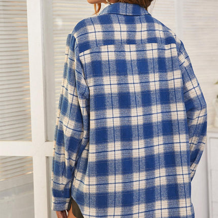 White Brushed Check Oversized Pocket Detail Shacket Shirt Jacket In Blue