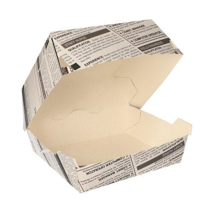 PAPSTAR Burgerboxen "Newsprint" groß, 7,8x11x11,5 cm, Pappe | Schrumpffolie (50 Stück)