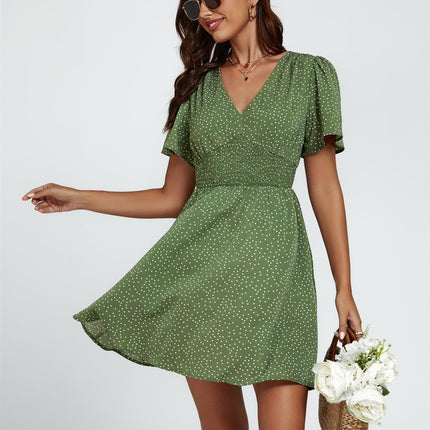 Dot Print Short Sleeve Mini Dress In Green