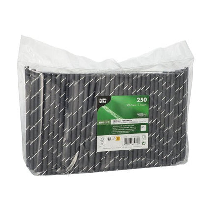 PAPSTAR Cocktailstrohhalme 7 mm, schwarz/weiß "Stripes", 15 cm | Folie (250 Stück)