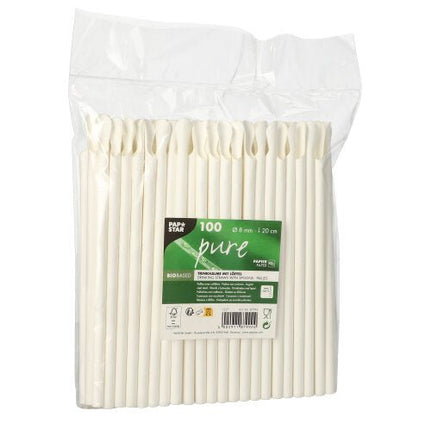 PAPSTAR Trinkhalme mit Löffel, Papier "pure", 20 cm, weiß, Ø 8 mm | Folie (100 Stück)