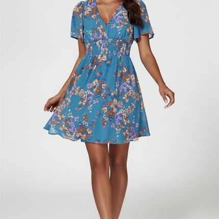 Floral Print Short Sleeve Mini Dress In Blue