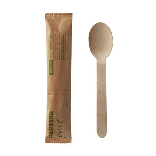 PAPSTAR Holzlöffel "pure" 16 cm, einzeln verpackt in Papierbeutel | Schrumpffolie (50 Stück)