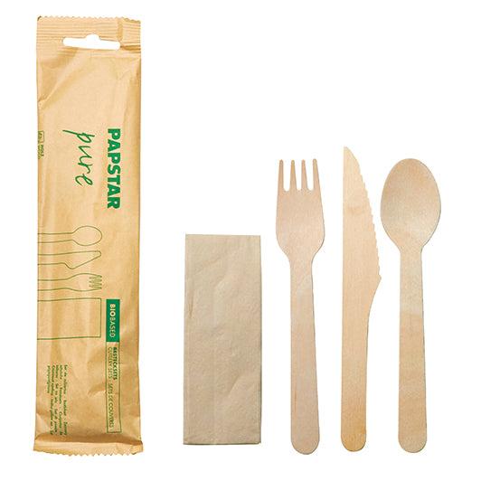 PAPSTAR Besteckset Holz "pure": Messer, Gabel, Löffel, Serviette | Papier (1 Stück)