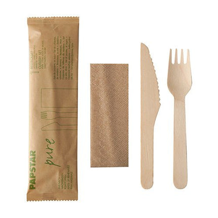 PAPSTAR Besteckset Holz "pure", Messer, Gabel, Serviette im Beutel | Papier (1 Stück)