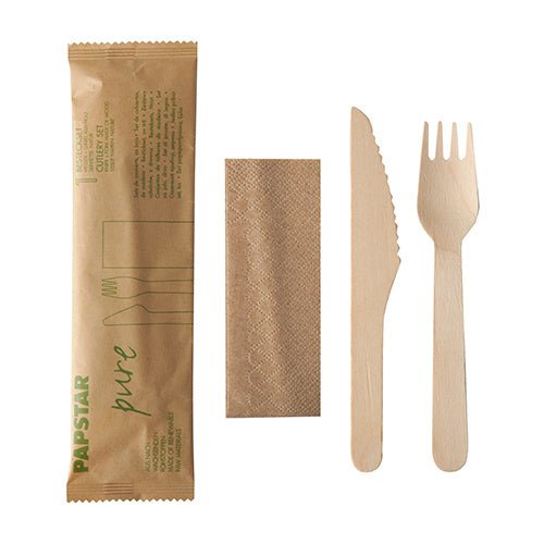 PAPSTAR Besteckset Holz "pure", Messer, Gabel, Serviette im Beutel | Papier (1 Stück)