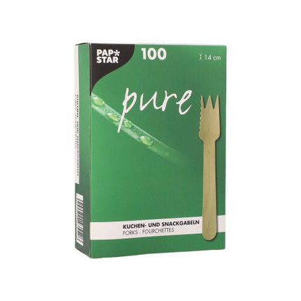 PAPSTAR Kuchen- und Snackgabeln Holz "pure" 14 cm, gezackt | Papptray (100 Stück)