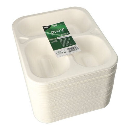 PAPSTAR Siegelschalen Zuckerrohr 3-geteilt, weiß, 925 ml | Folie (100 Stück)