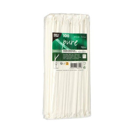 PAPSTAR Trinkhalme flexibel, Papier "pure", 6 mm, 20 cm, weiß | Folie (100 Stück)