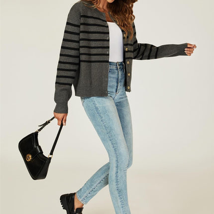 Pocket Stripe Knitted Cardigan In Dark Grey