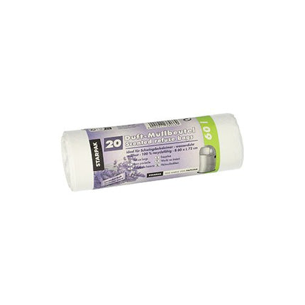 Starpak 20 Müllbeutel, LDPE mit Duft 60 l 72 cm x 60 cm weiss - Lavender | Banderole (20 Stück)