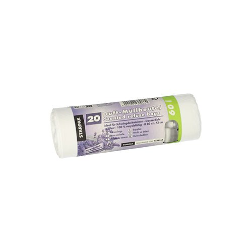 Starpak 20 Müllbeutel, LDPE mit Duft 60 l 72 cm x 60 cm weiss - Lavender | Banderole (20 Stück)