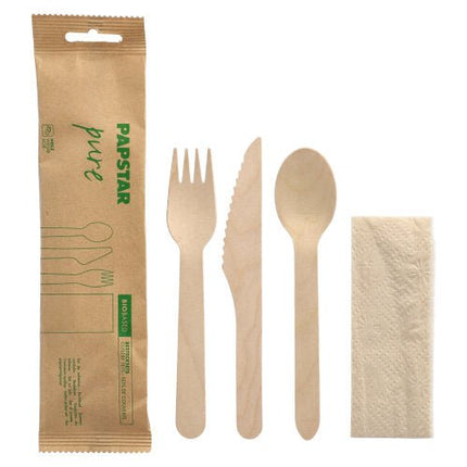 PAPSTAR 50 Bestecksets, Holz "pure" mit Serviette in Papierbeutel