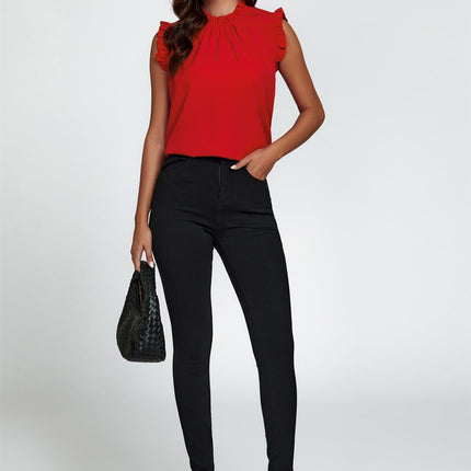 Frill Trim Sleeve Frill Neck Blouse Top In Red