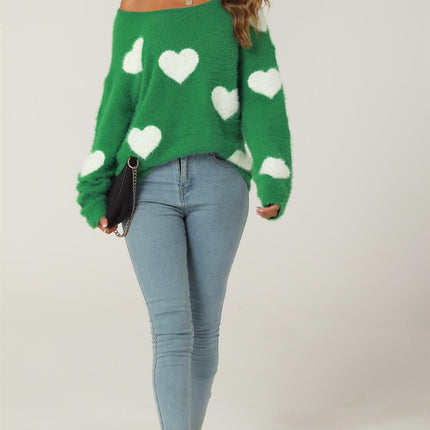 Relaxed Comfy White Heart Pattern Jumper Top In Green