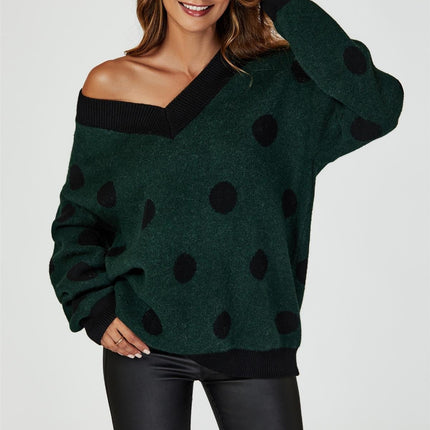 Wool Blended V Neck Jumper In Green & Black Polka Dot
