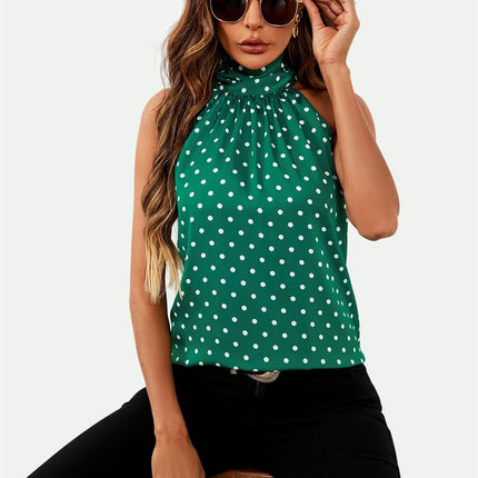 Polka Dot Print Halter Neck Tie Back Top In Green