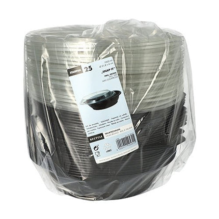 Starpak 25 Salatschalen, PET 1000 ml Ø 21,8 cm · 6 cm schwarz "Snap It" mit Deckel R-PET glasklar | Folie (25 Stück)