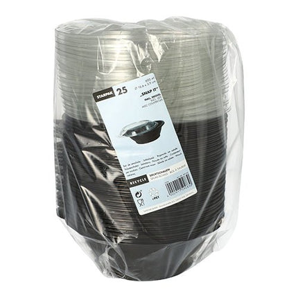 Starpak 25 Salatschalen, PET 600 ml Ø 16,6 cm · 5,9 cm schwarz "Snap It" mit Deckel R-PET glasklar | Folie (25 Stück)