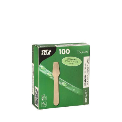 PAPSTAR Eislöffel aus Holz "pure", 9,4 cm, gewachst, umweltfreundlich | Faltschachtel (100 Stück)