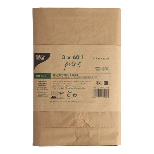 PAPSTAR Kompostsäcke aus Papier "pure", 60 l, 2-lagig, braun | Banderole (3 Stück)
