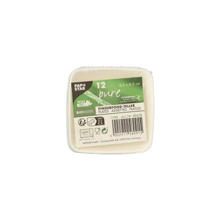 PAPSTAR Fingerfood Teller eckig, Zuckerrohr "pure", 6,5 cm, weiß | Schrumpffolie (12 Stück)