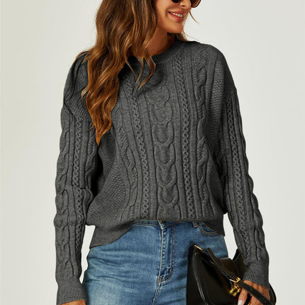 Cable Knit Crew Neck Jumper In Dark Grey