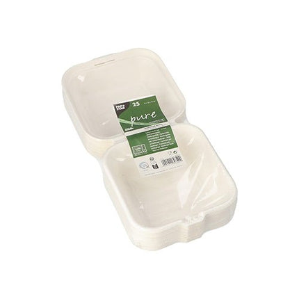 PAPSTAR Hamburger-Boxen Zuckerrohr "pure", 8x14x15 cm, weiß | Schrumpffolie (25 Stück)