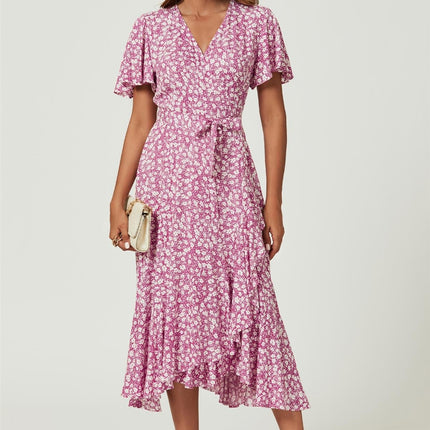 Floral Print Midi Wrap Dress In Pink
