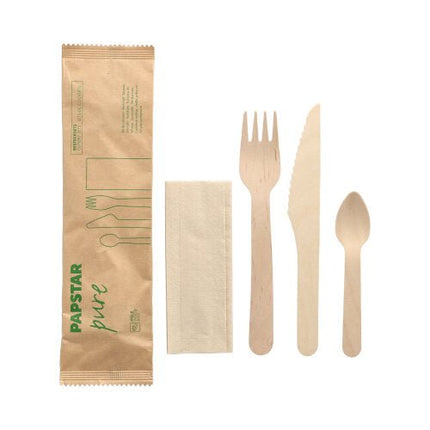 PAPSTAR 50 Bestecksets, Holz "pure" mit Serviette in Papierbeutel