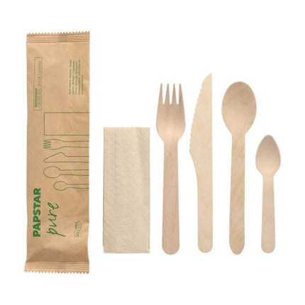 PAPSTAR 50 Bestecksets, Holz "pure" mit Serviette in Papierbeutel